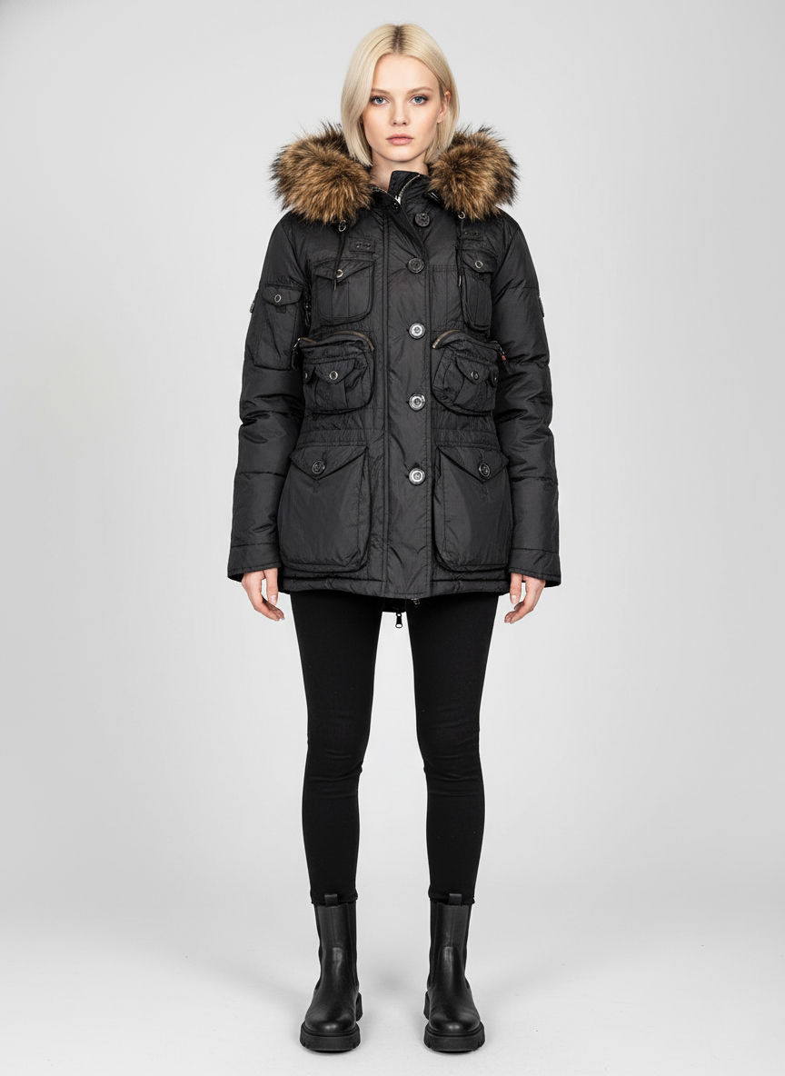 Женская пуховая куртка-аляска - Черный - миниатюра 2