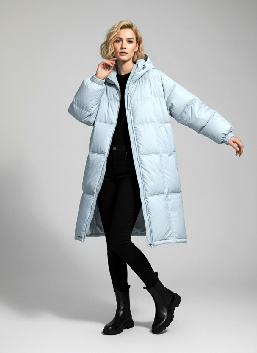 Женский демисезонный пуховик с капюшоном - Голубой - миниатюра 4