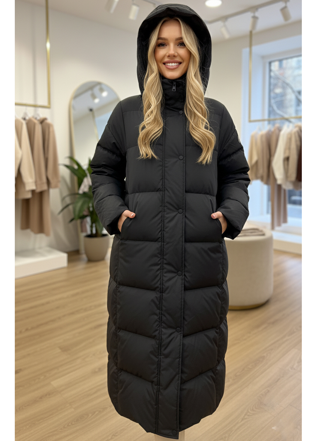Женский зимний пуховик с капюшоном - Черный - миниатюра 2