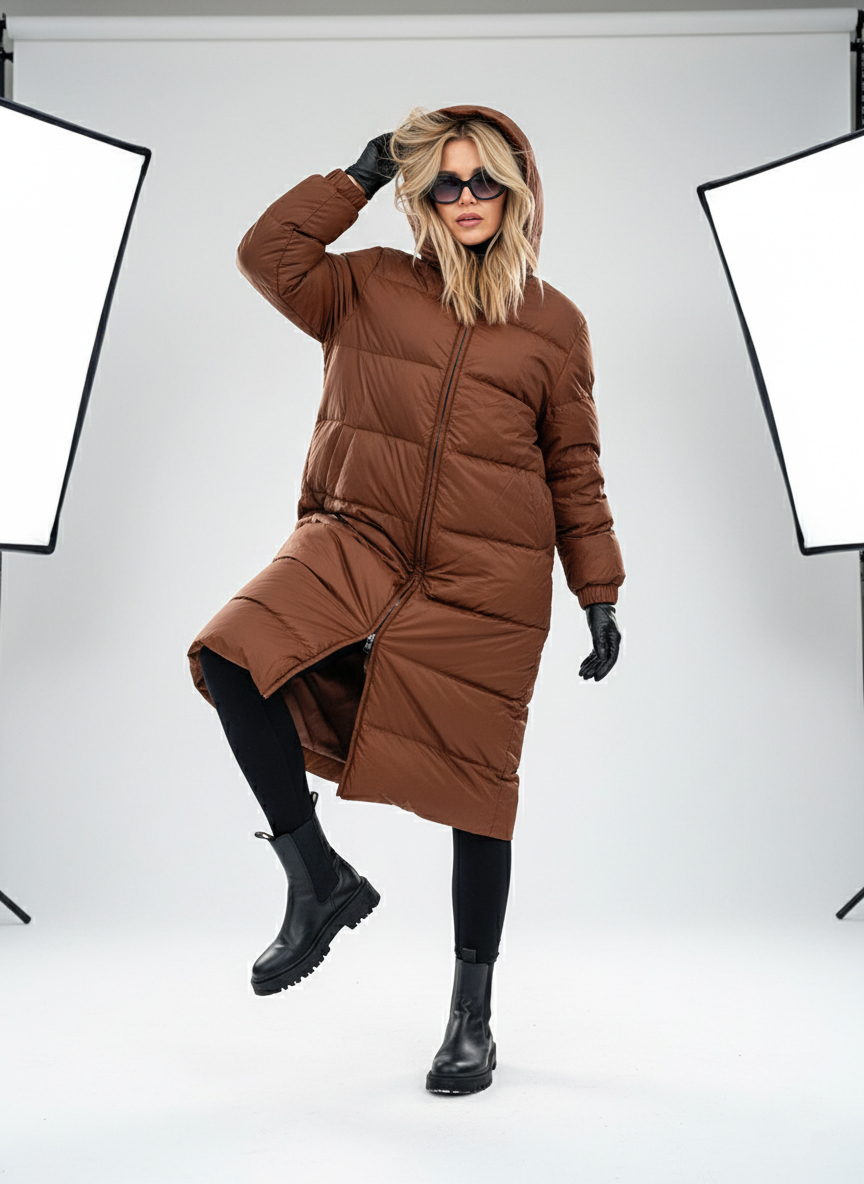 Женское демисезонное пуховое пальто - Коричневый - миниатюра 3