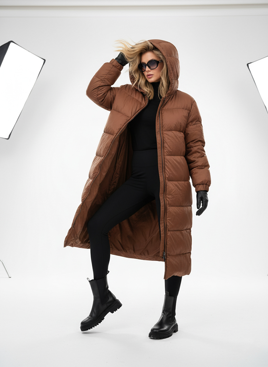 Женское демисезонное пуховое пальто - Коричневый - миниатюра 4