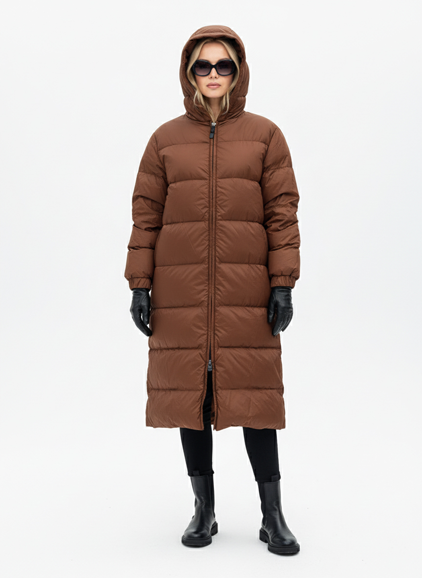 Женское демисезонное пуховое пальто - Коричневый - миниатюра 2