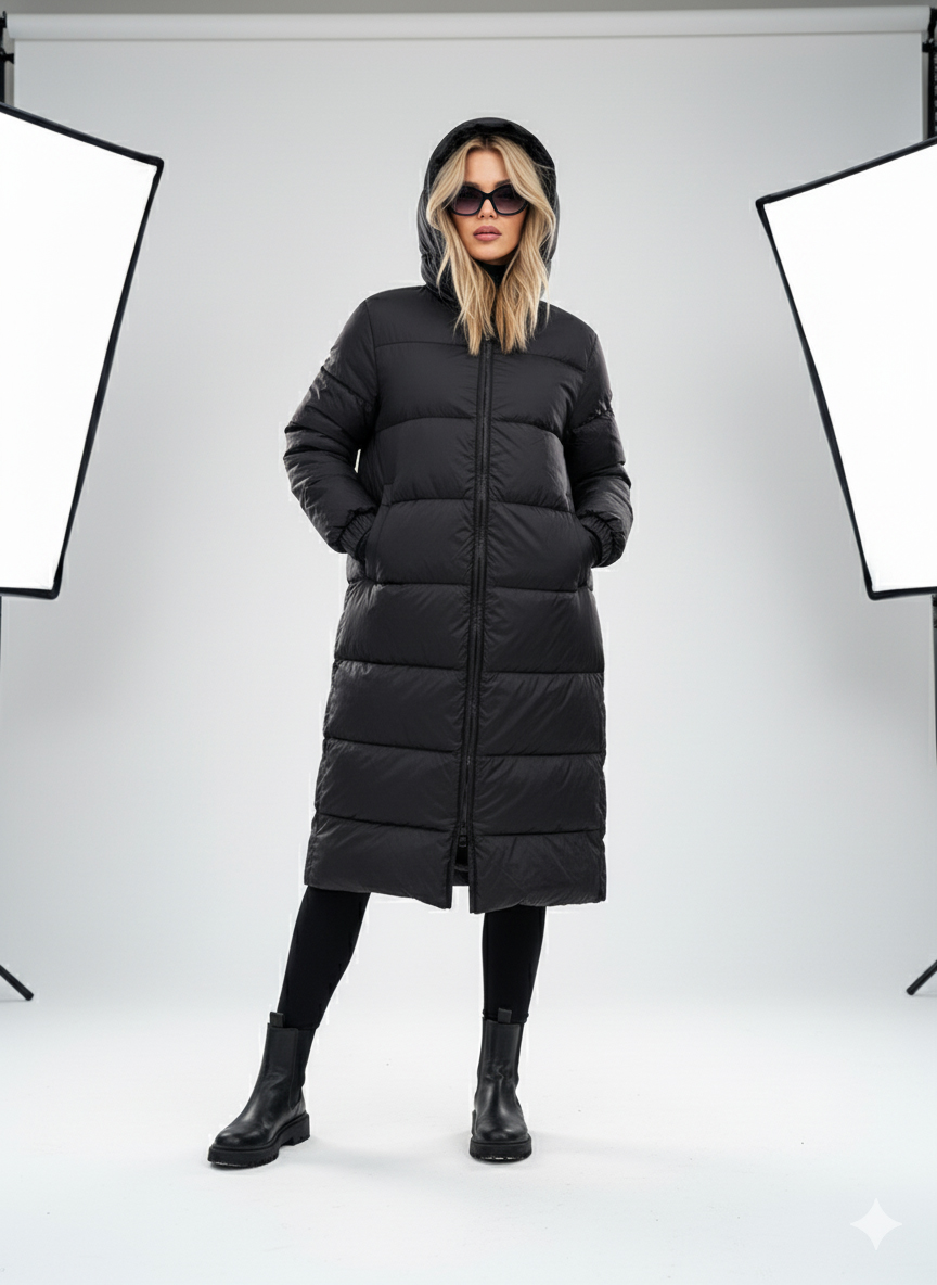 Женское демисезонное пуховое пальто - Черный - миниатюра 2