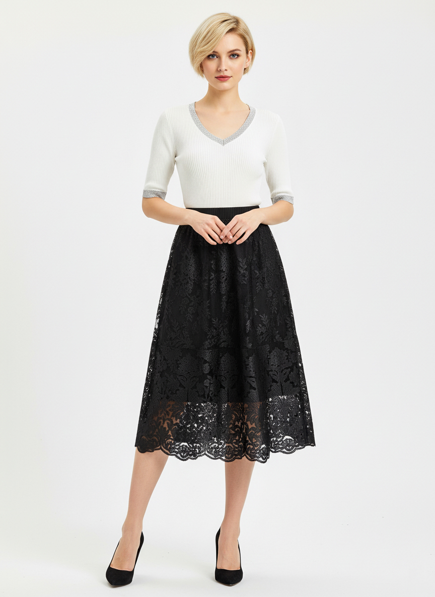 Юбка миди ажурная - Черный - миниатюра 3