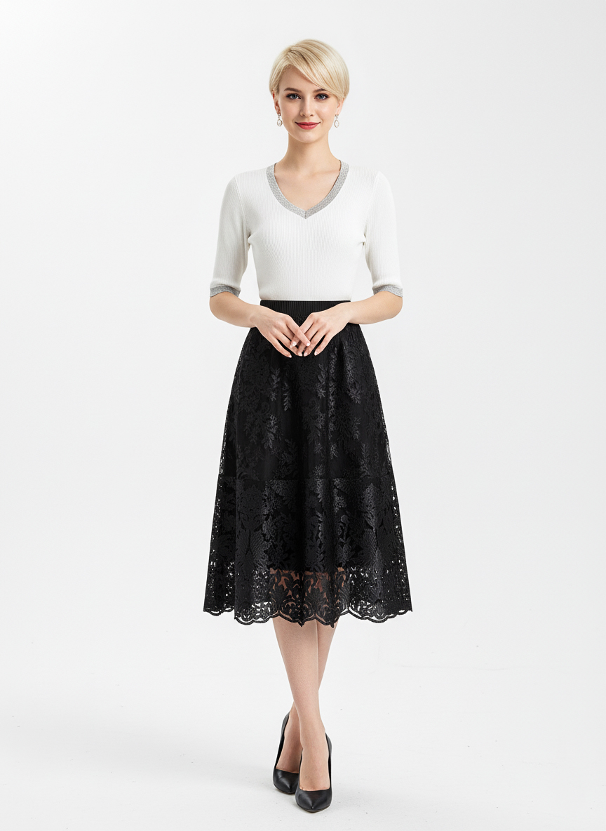 Юбка миди ажурная - Черный - миниатюра 2