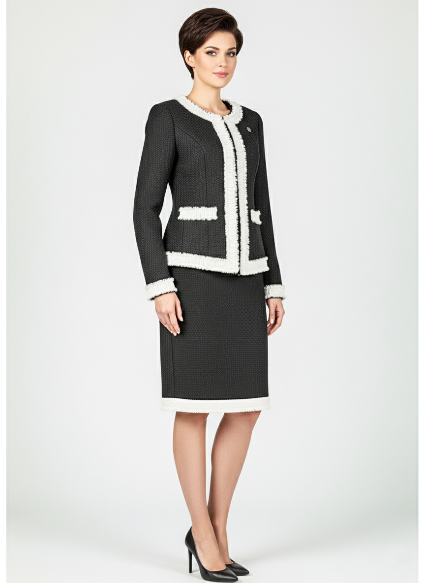 Женский деловой костюм с юбкой - Темно-синий - миниатюра 2