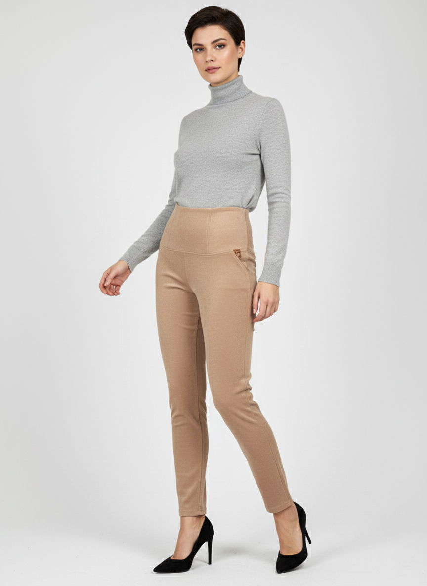 Женские демисезонные брюки с завышенной талией - Бежевий - миниатюра 2