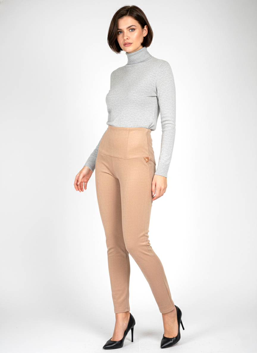 Женские демисезонные брюки с завышенной талией - Бежевий - миниатюра 4