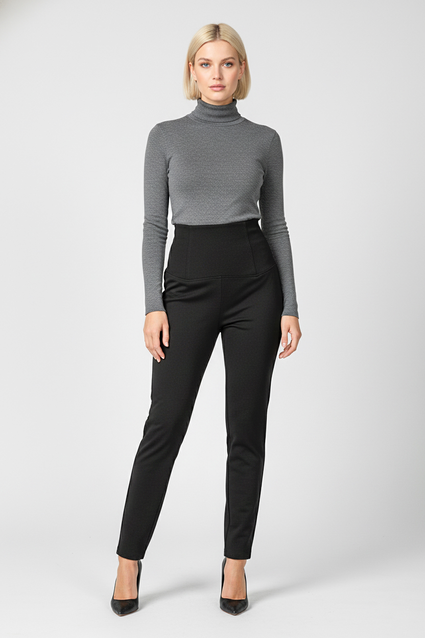 Женские демисезонные брюки с завышенной талией - Черный - миниатюра 3