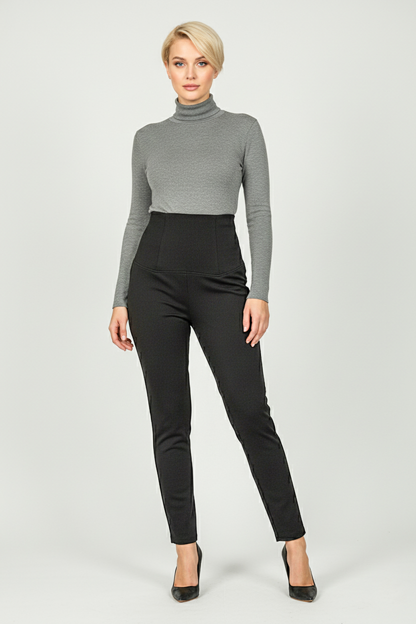 Женские демисезонные брюки с завышенной талией - Черный - миниатюра 2