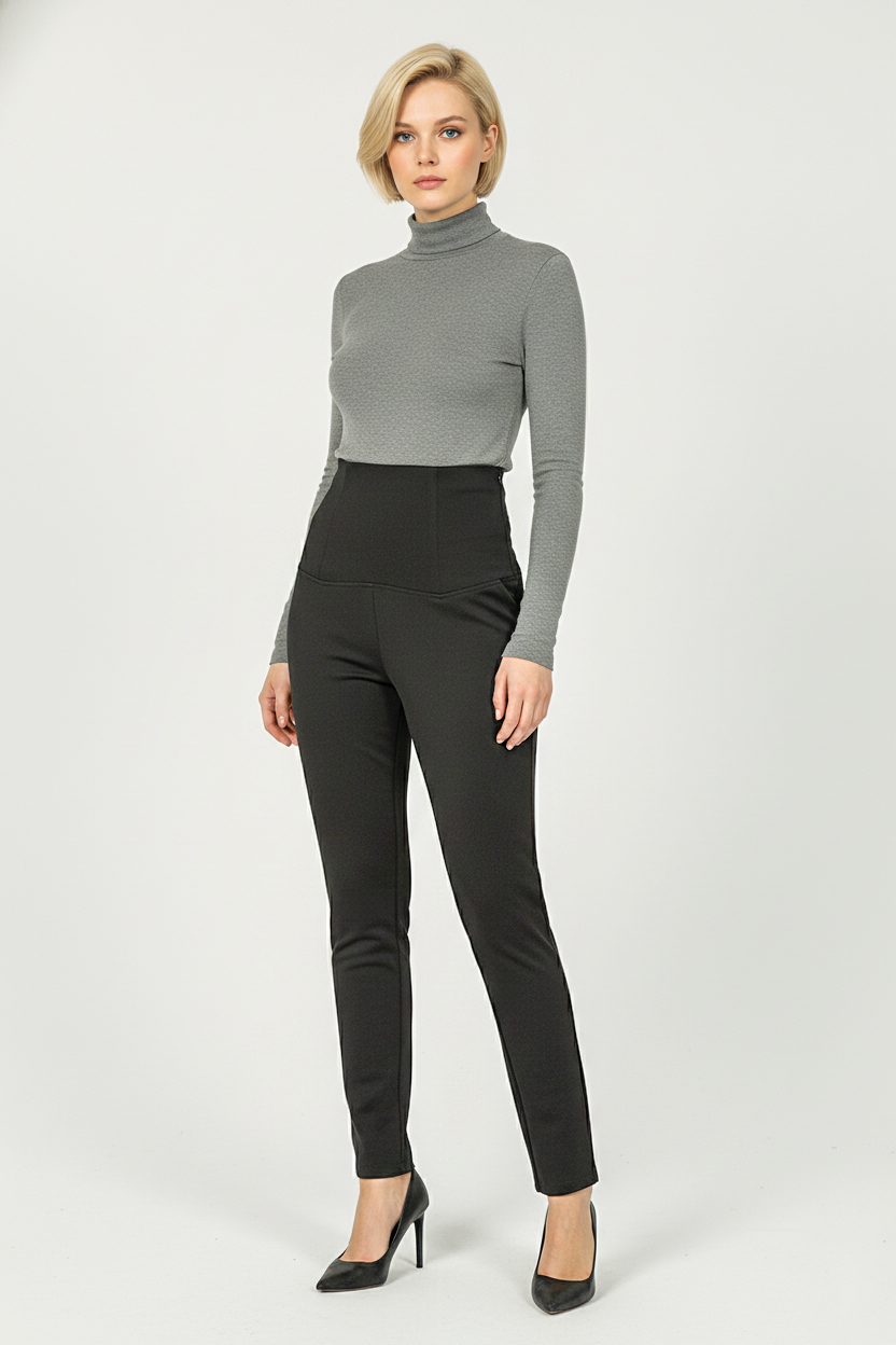 Женские демисезонные брюки с завышенной талией - Черный - миниатюра 4