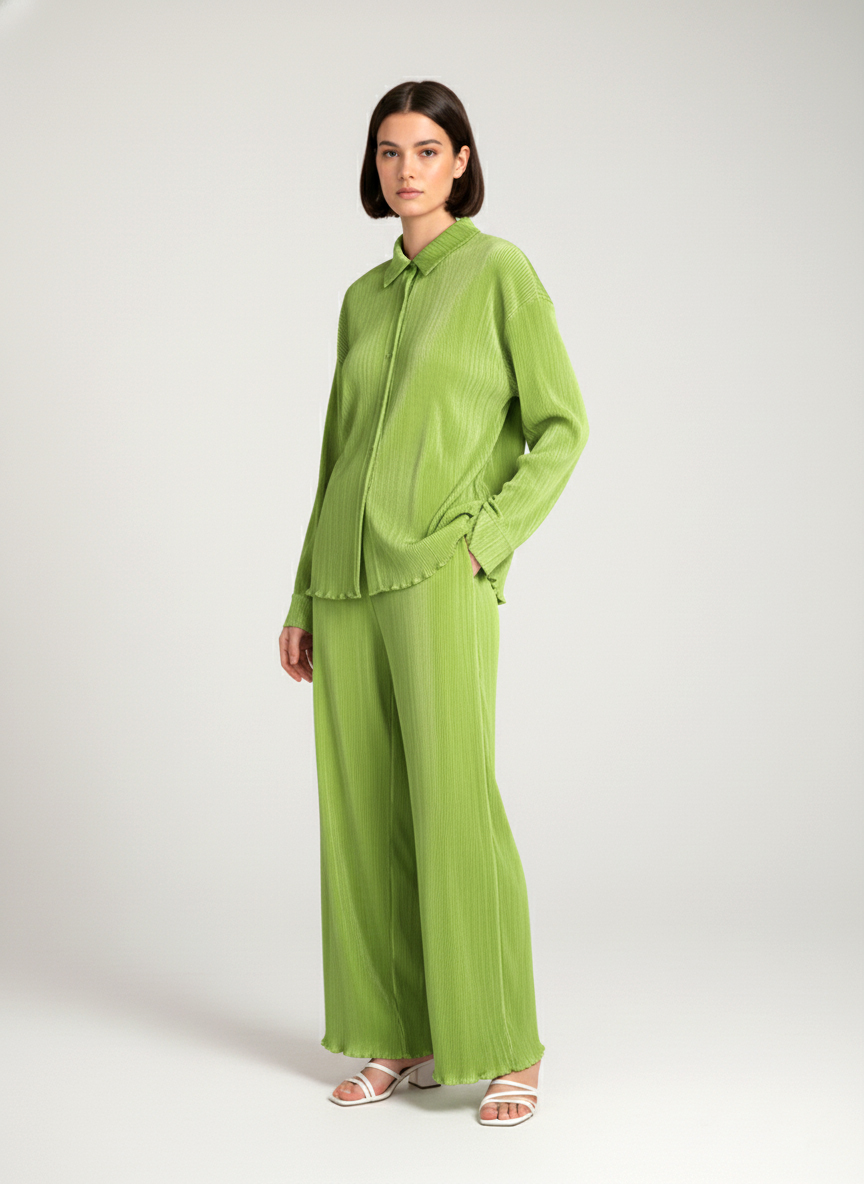 Женский летний брючный костюм плиссе - Салатовый - миниатюра 3