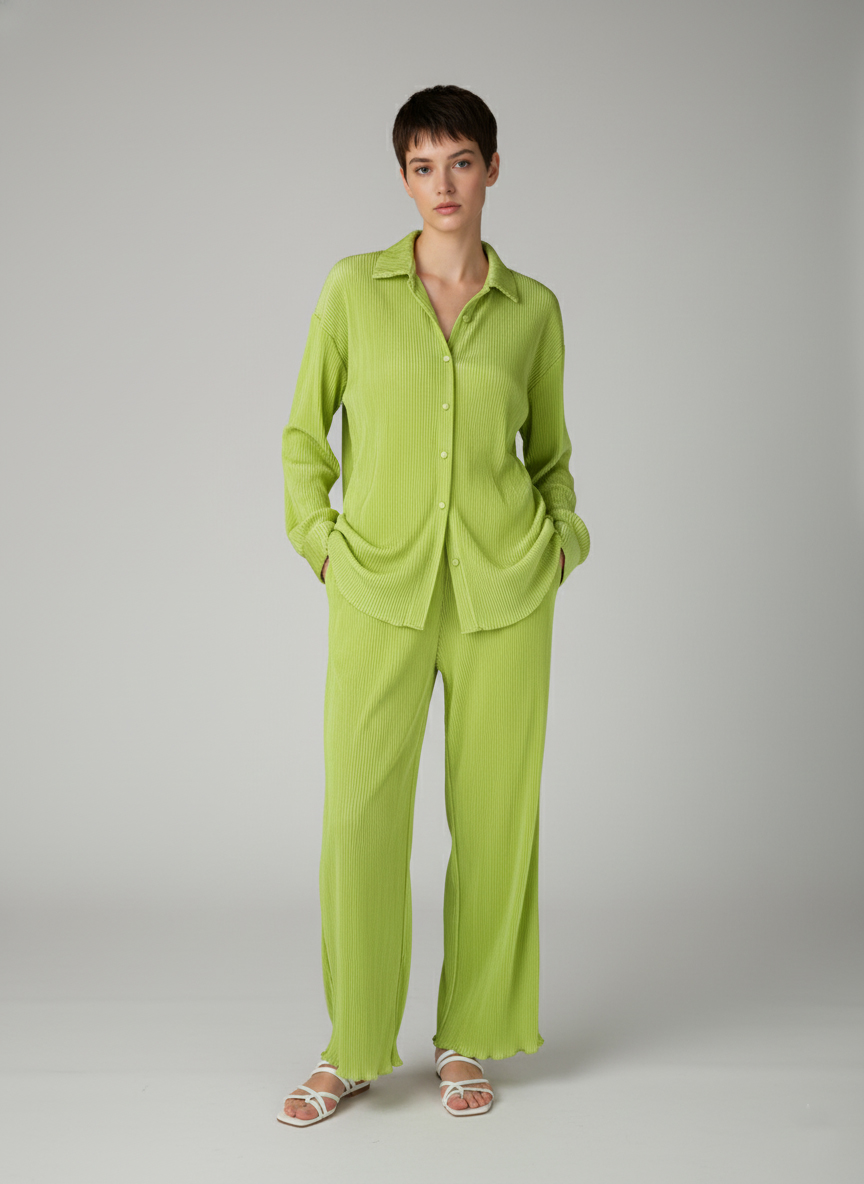Женский летний брючный костюм плиссе - Салатовый - миниатюра 4