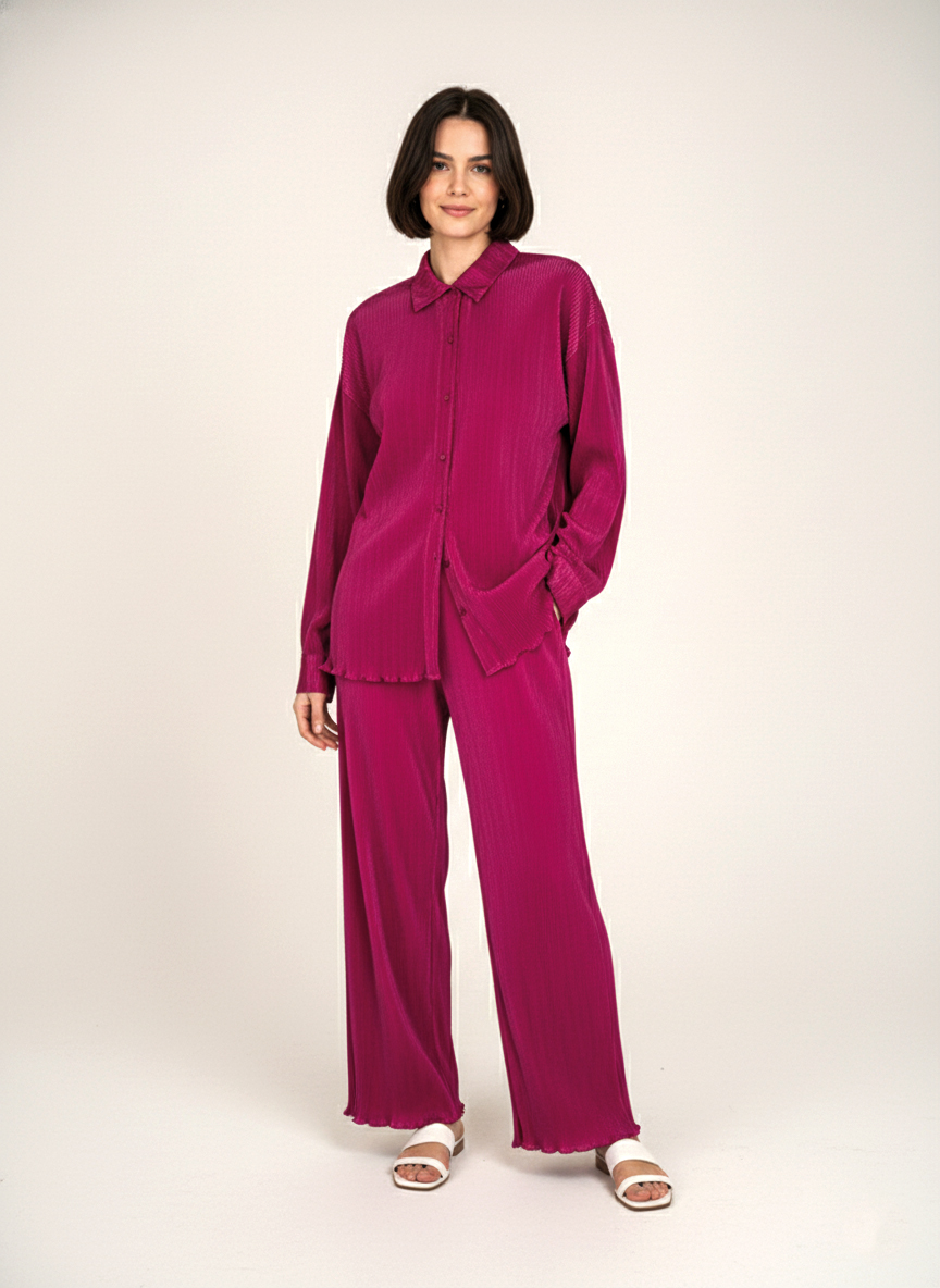 Женский летний брючный костюм плиссе - Красный - миниатюра 4