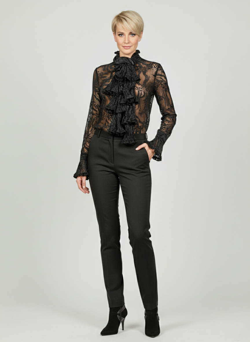 Женская блуза из органзы с шарфом - Черный - миниатюра 2