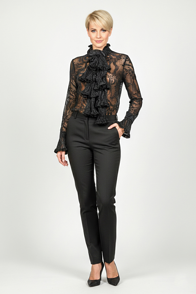 Женская блуза из органзы с шарфом - Черный - миниатюра 3