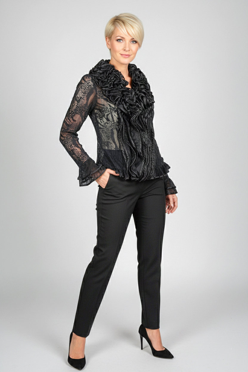 Женская блуза из органзы с баской - Черный - миниатюра 4