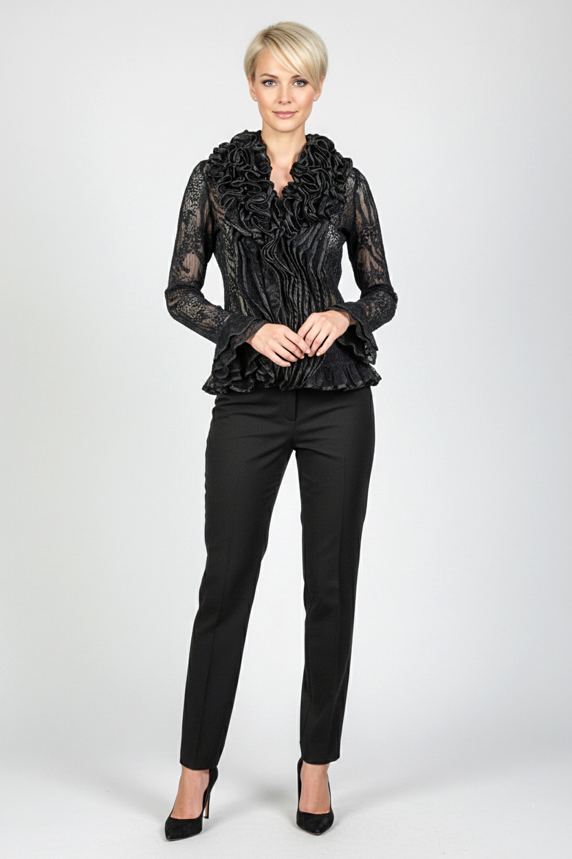 Женская блуза из органзы с баской - Черный - миниатюра 2