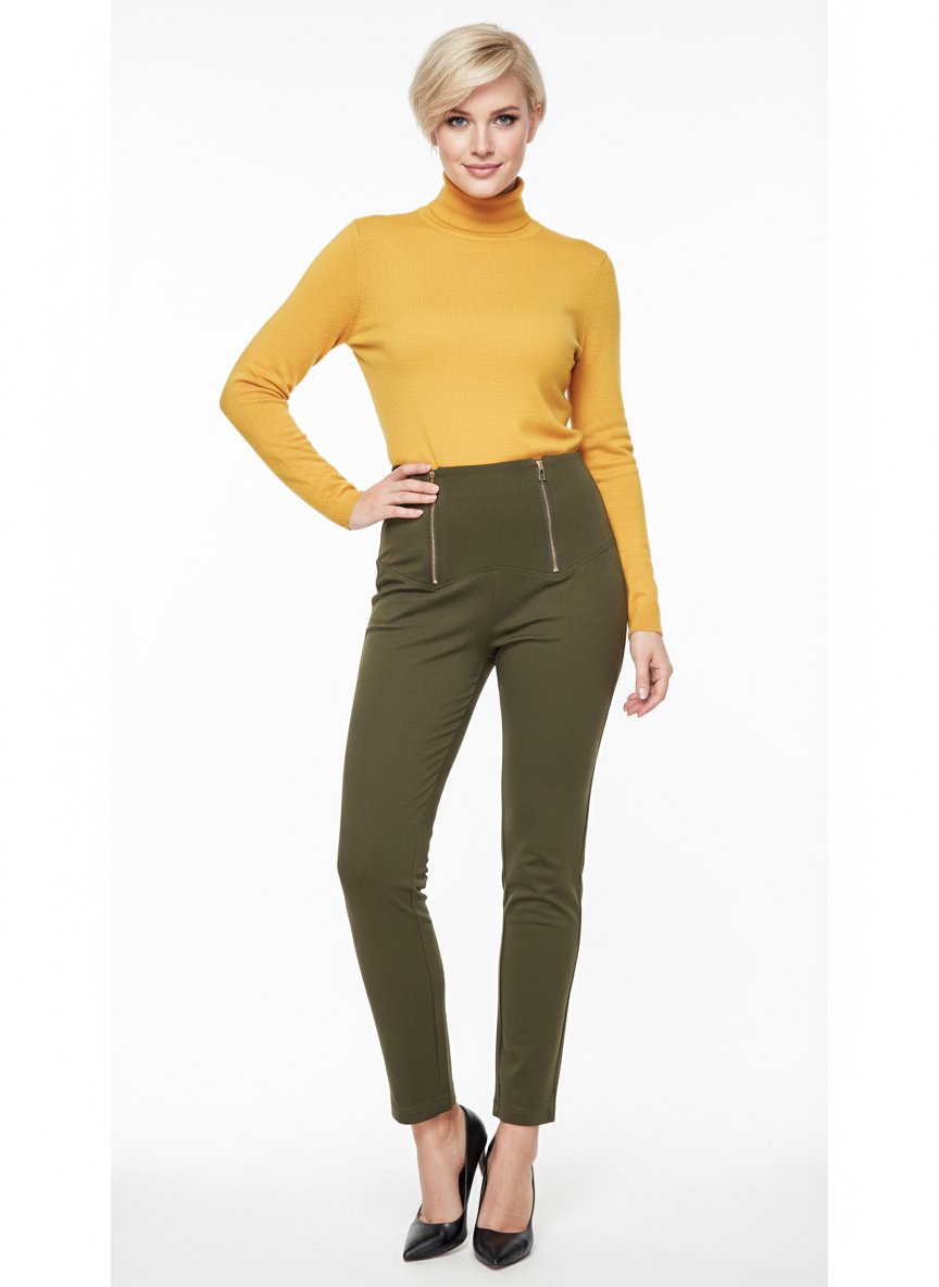 Женские демисезонные брюки с завышенной талией - Темно-зеленый - миниатюра 3