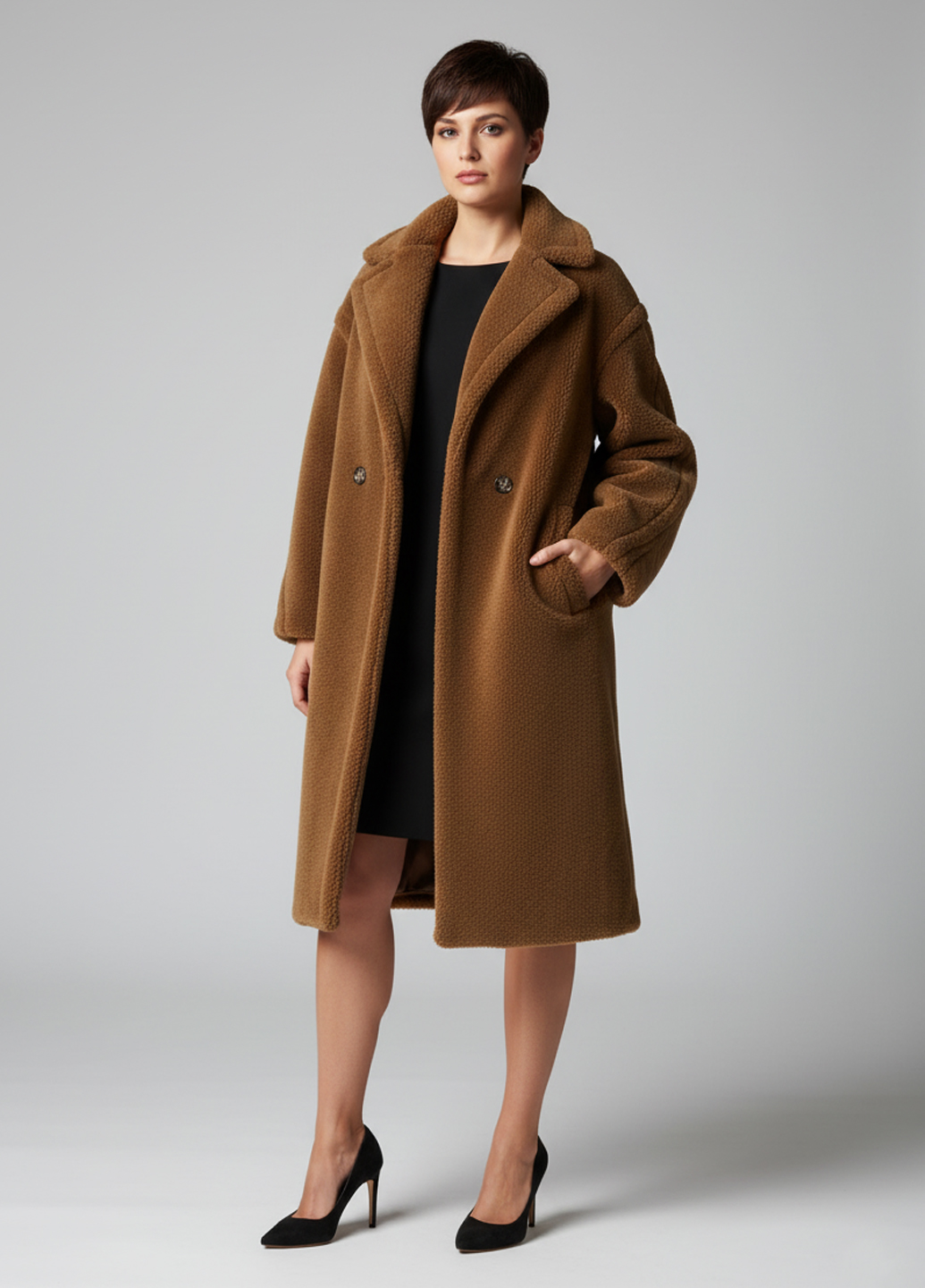 Шуба из натуральной овечьей шерсти - Коричневый - миниатюра 3