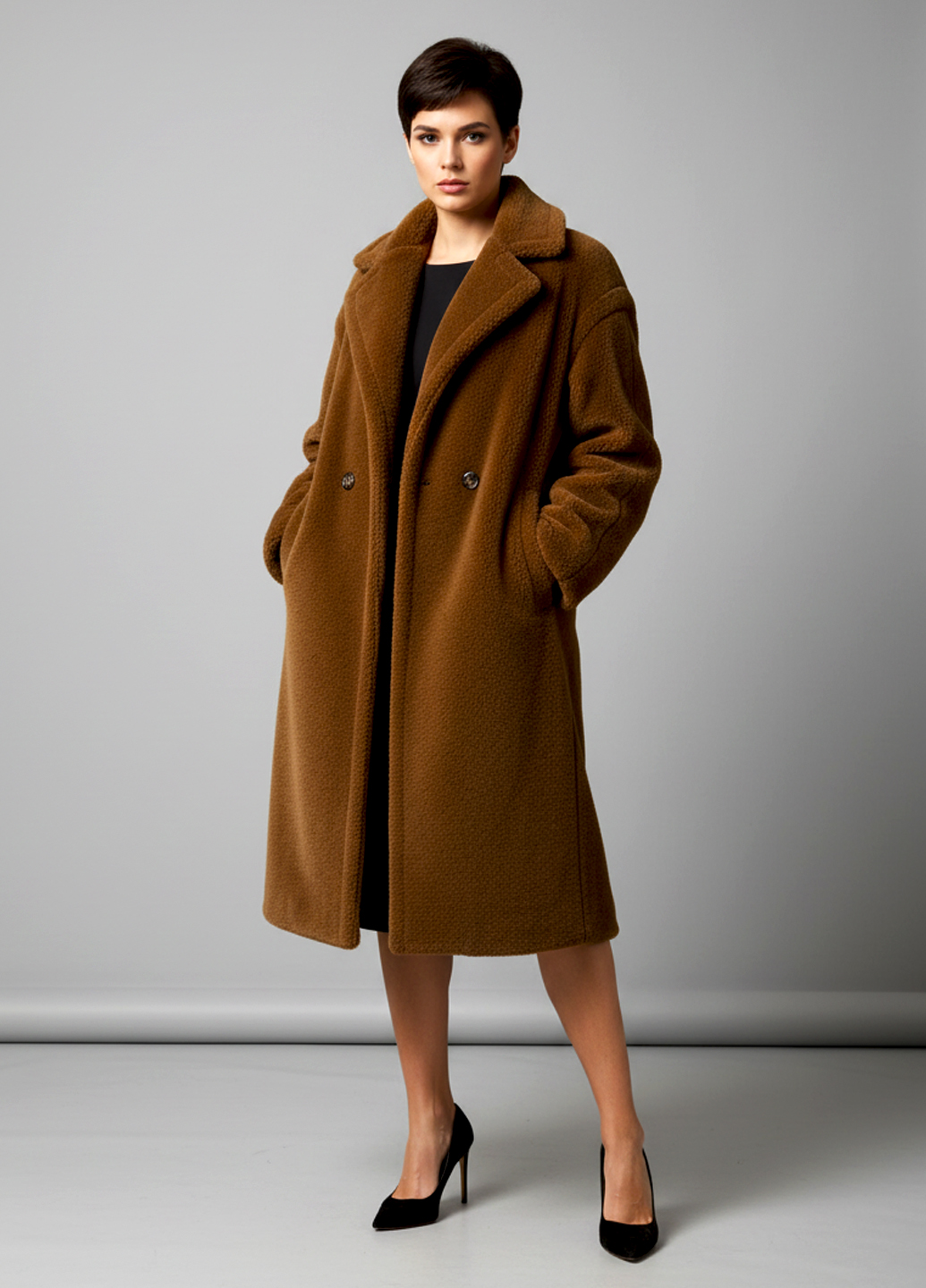 Шуба из натуральной овечьей шерсти - Коричневый - миниатюра 2