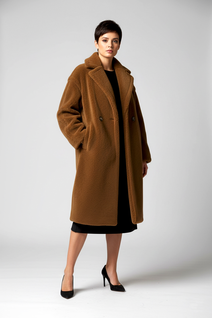 Шуба из натуральной овечьей шерсти - Коричневый - миниатюра 4