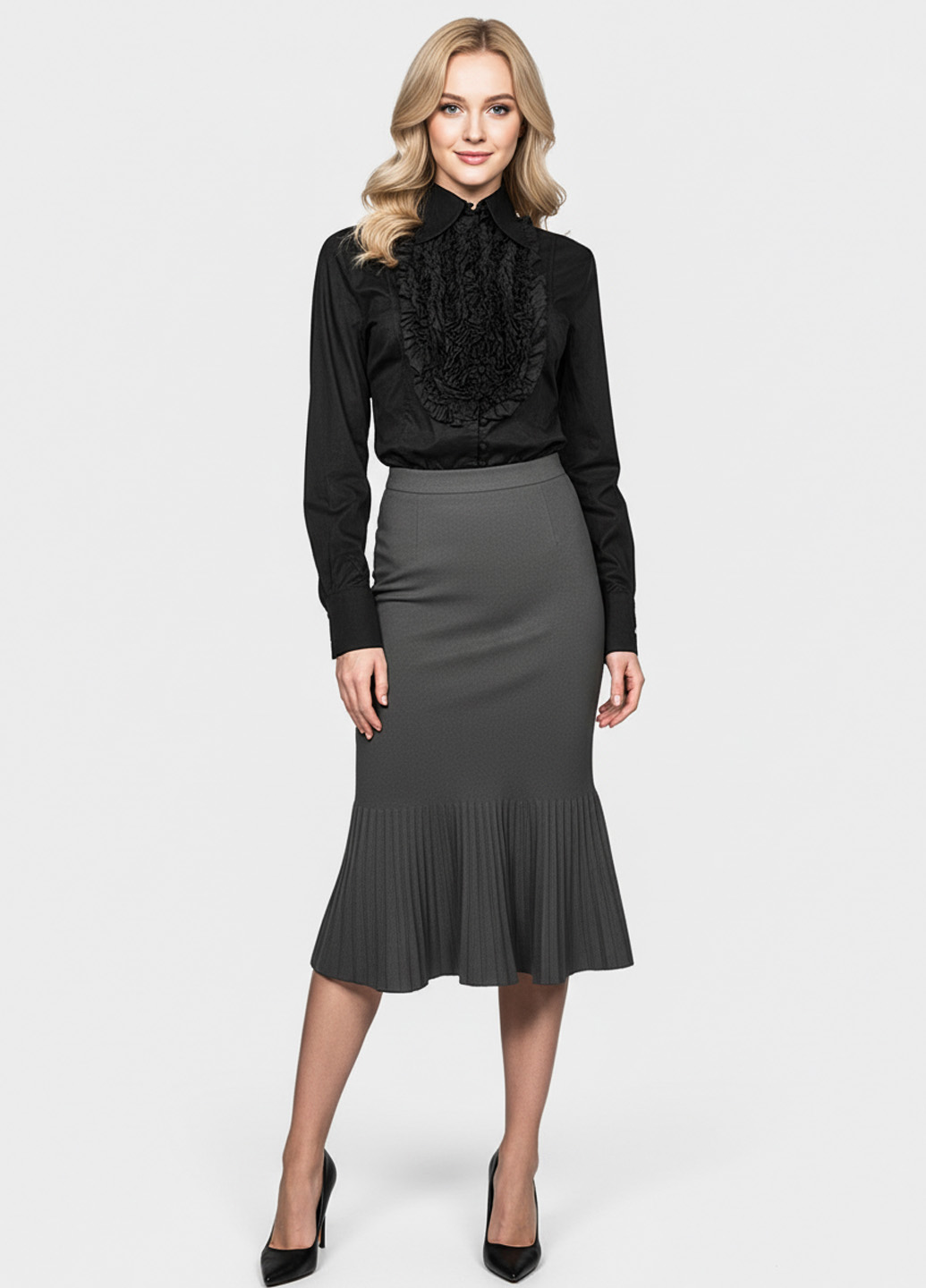 Трикотажная юбка годе миди - Серый - миниатюра 2