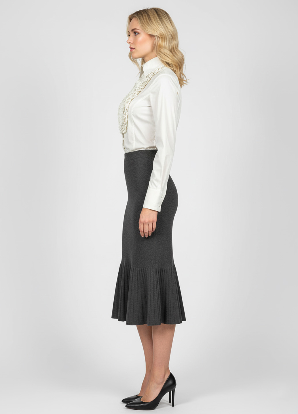 Трикотажная юбка годе миди - Серый - миниатюра 3