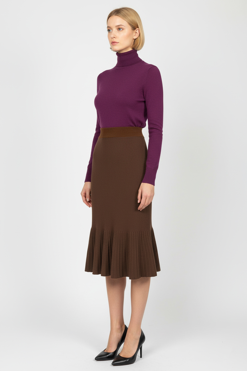 Трикотажная юбка годе миди - Коричневый - миниатюра 2