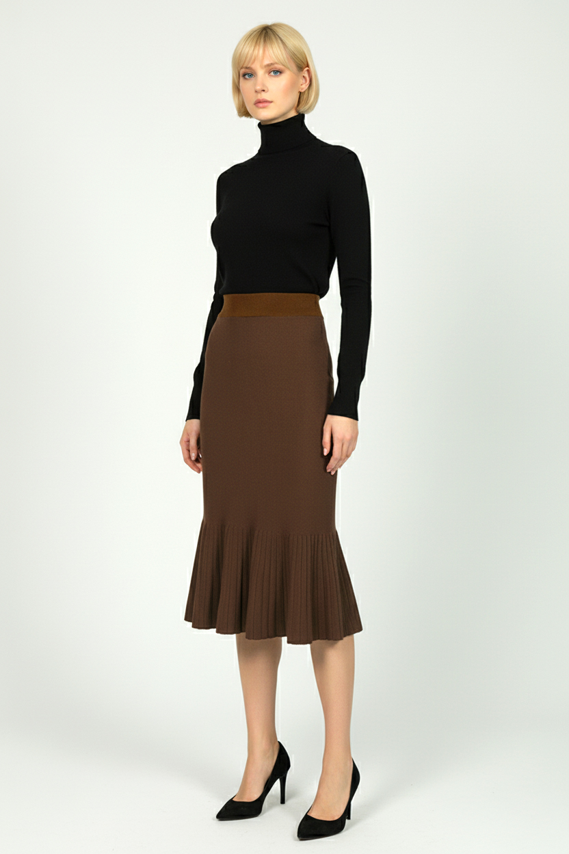 Трикотажная юбка годе миди - Коричневый - миниатюра 3