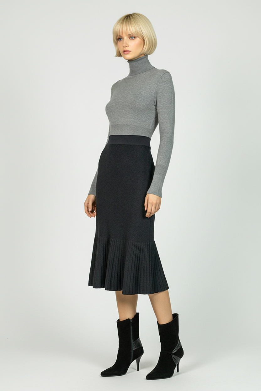 Трикотажная юбка годе миди - Черный - миниатюра 3