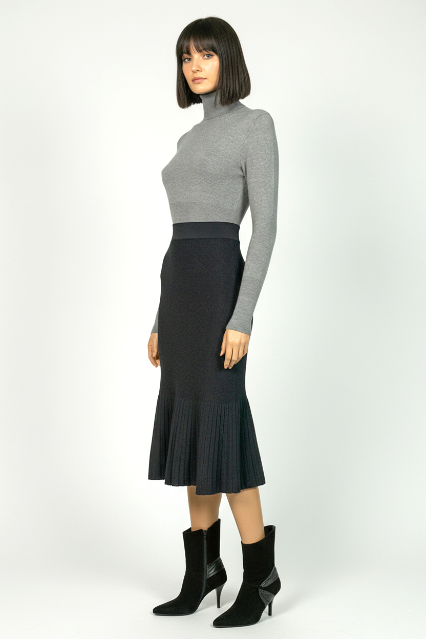 Трикотажная юбка годе миди - Черный - миниатюра 2