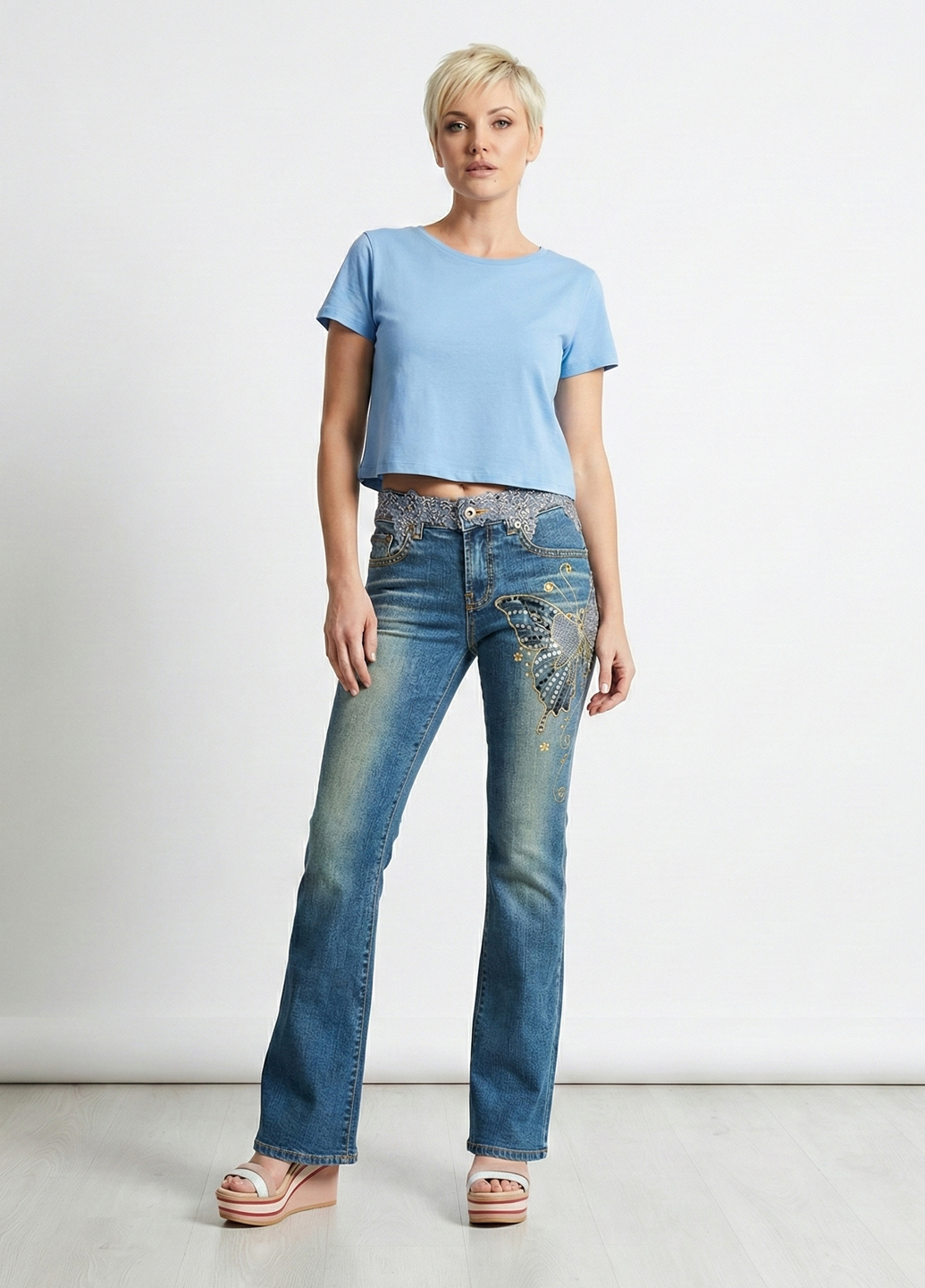 Женские винтажные клешеные джинсы - Синий - миниатюра 2