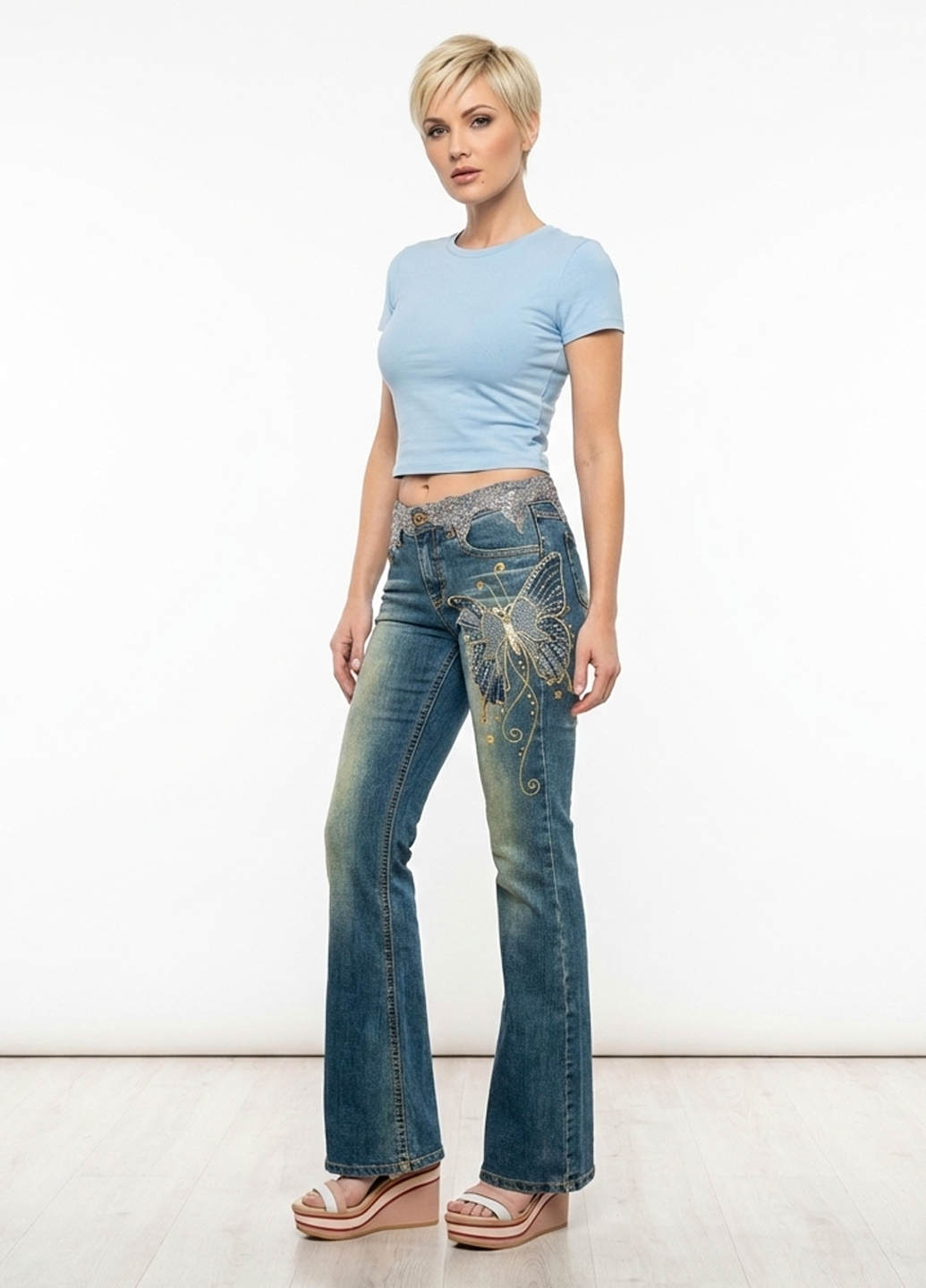 Женские винтажные клешеные джинсы - Синий - миниатюра 3