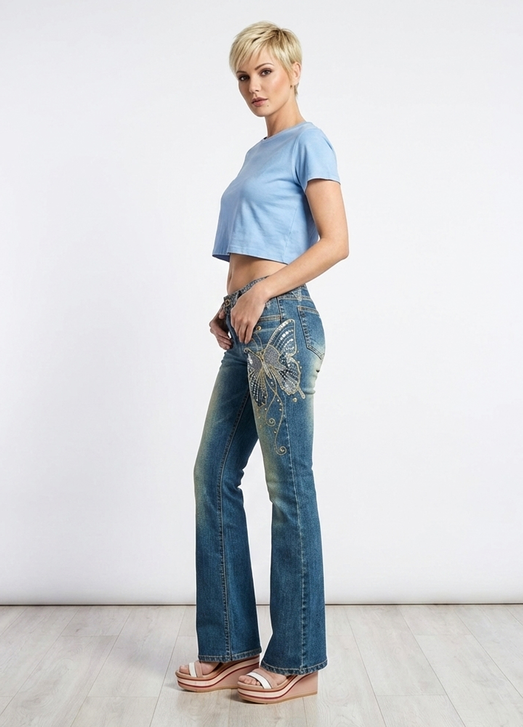 Женские винтажные клешеные джинсы - Синий - миниатюра 4