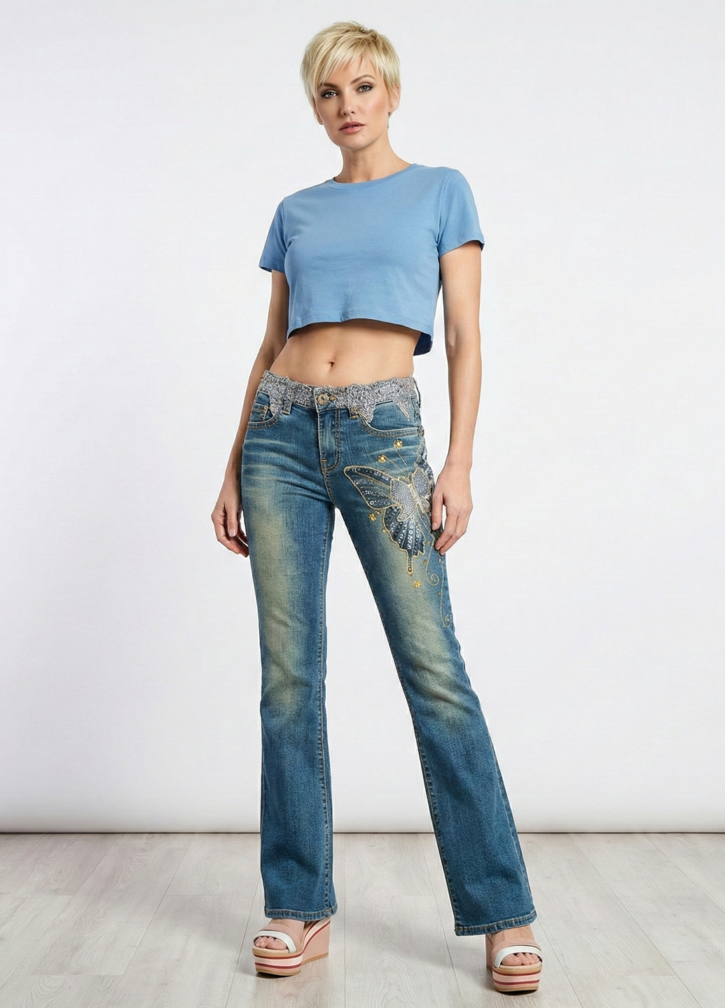 Женские винтажные клешеные джинсы - Синий - изображение 1