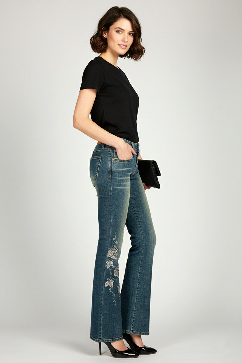 Женские винтажные клешеные джинсы - Синий - миниатюра 4