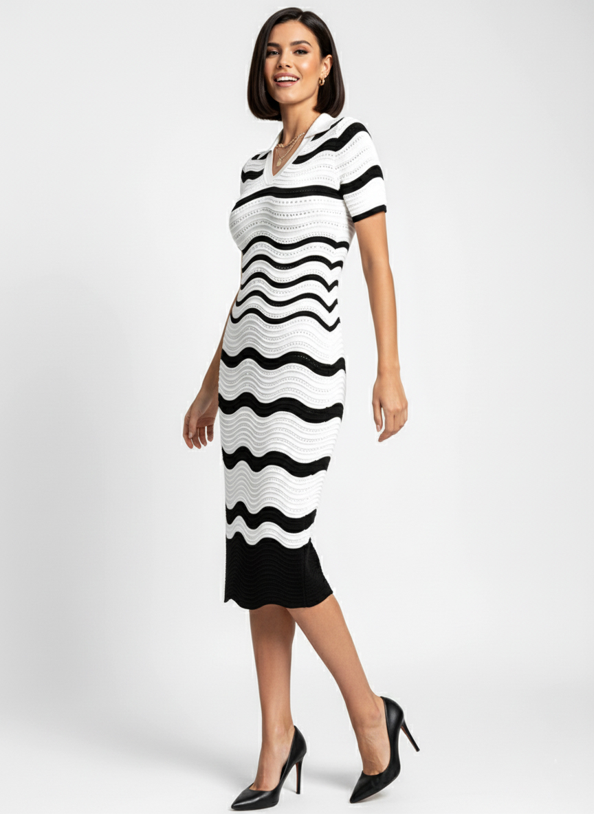 Трикотажное платье в полоску - Чорно-білий - миниатюра 4