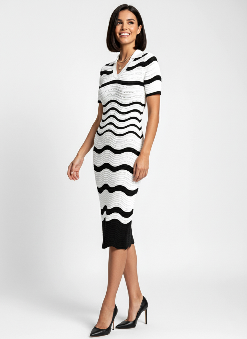 Трикотажное платье в полоску - Чорно-білий - миниатюра 2