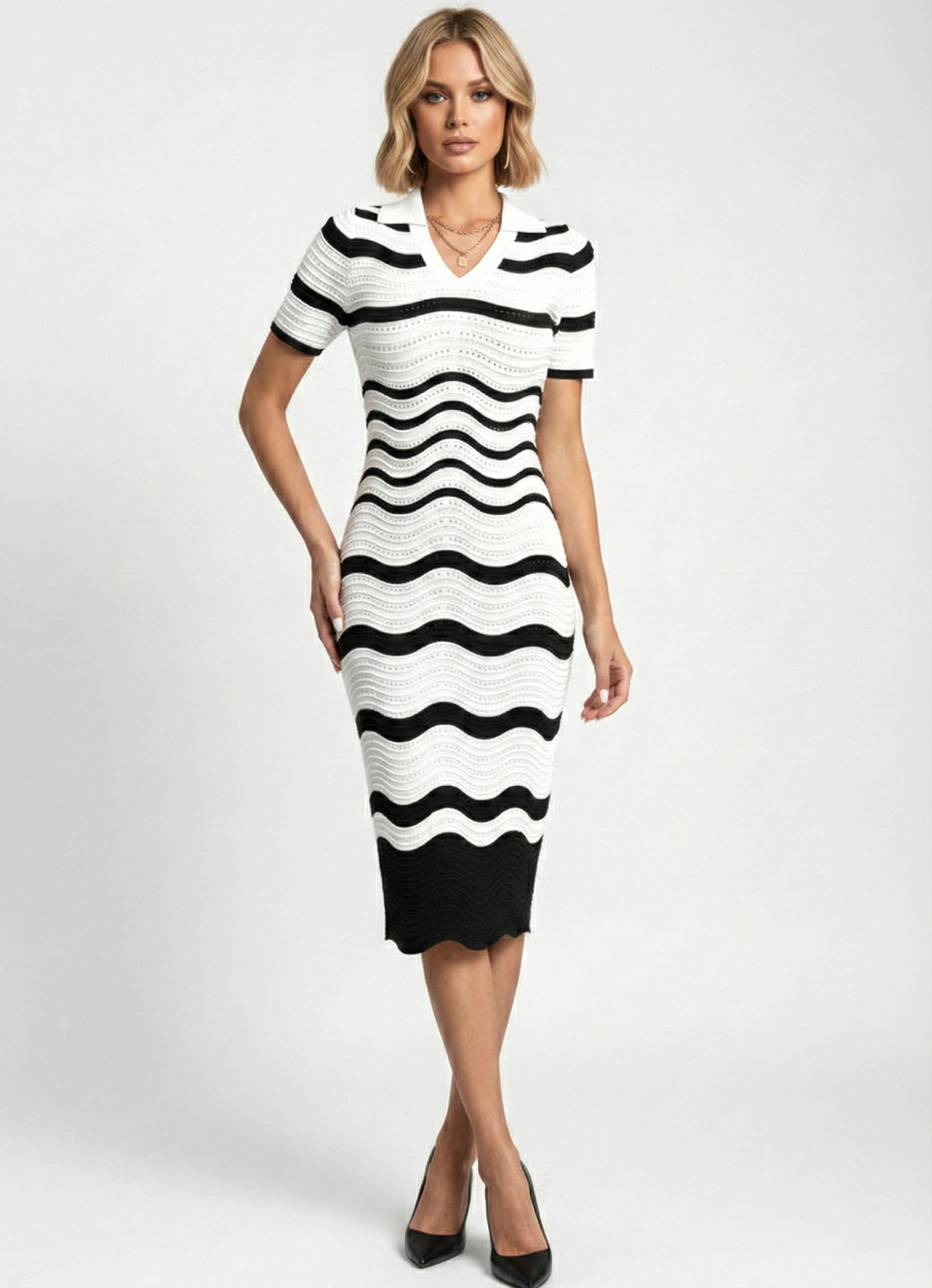 Трикотажное платье в полоску - Чорно-білий - миниатюра 2