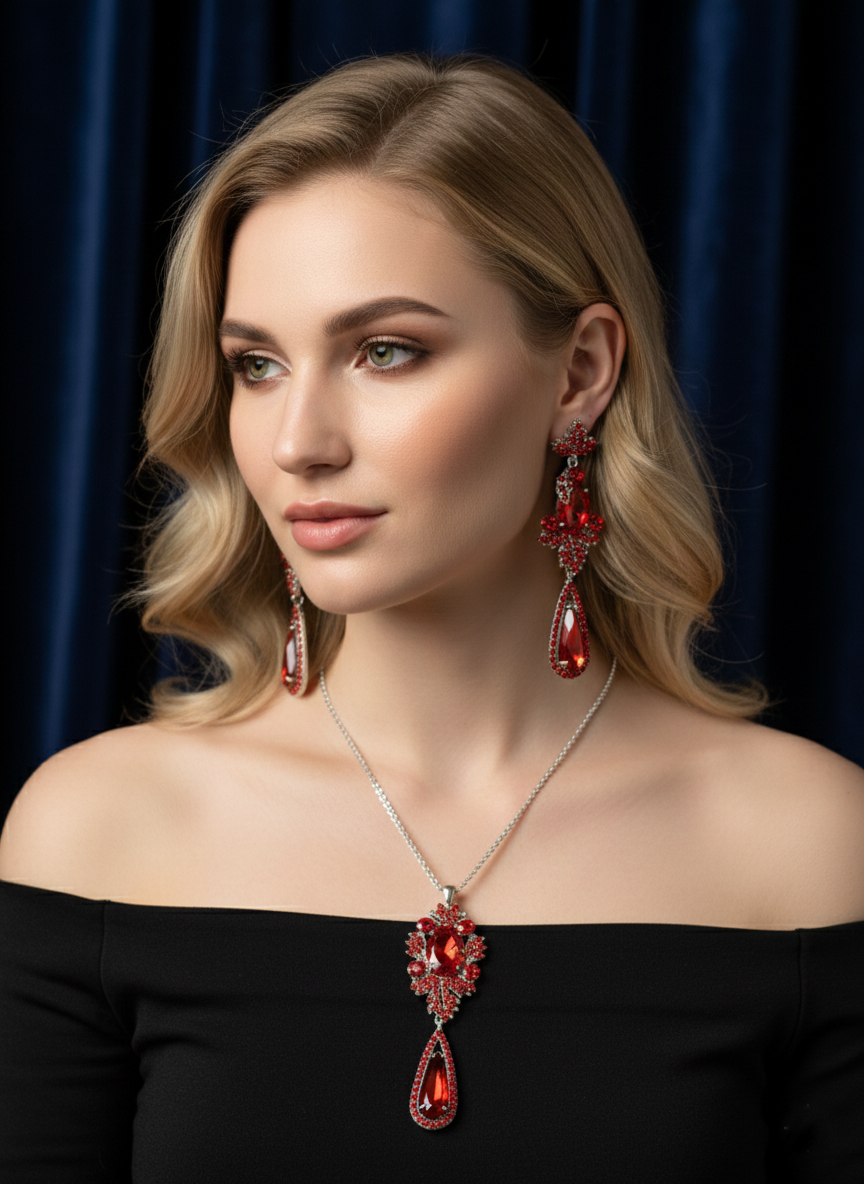 Комплект Кармен (серьги и кулон) - Темно-красный - миниатюра 2