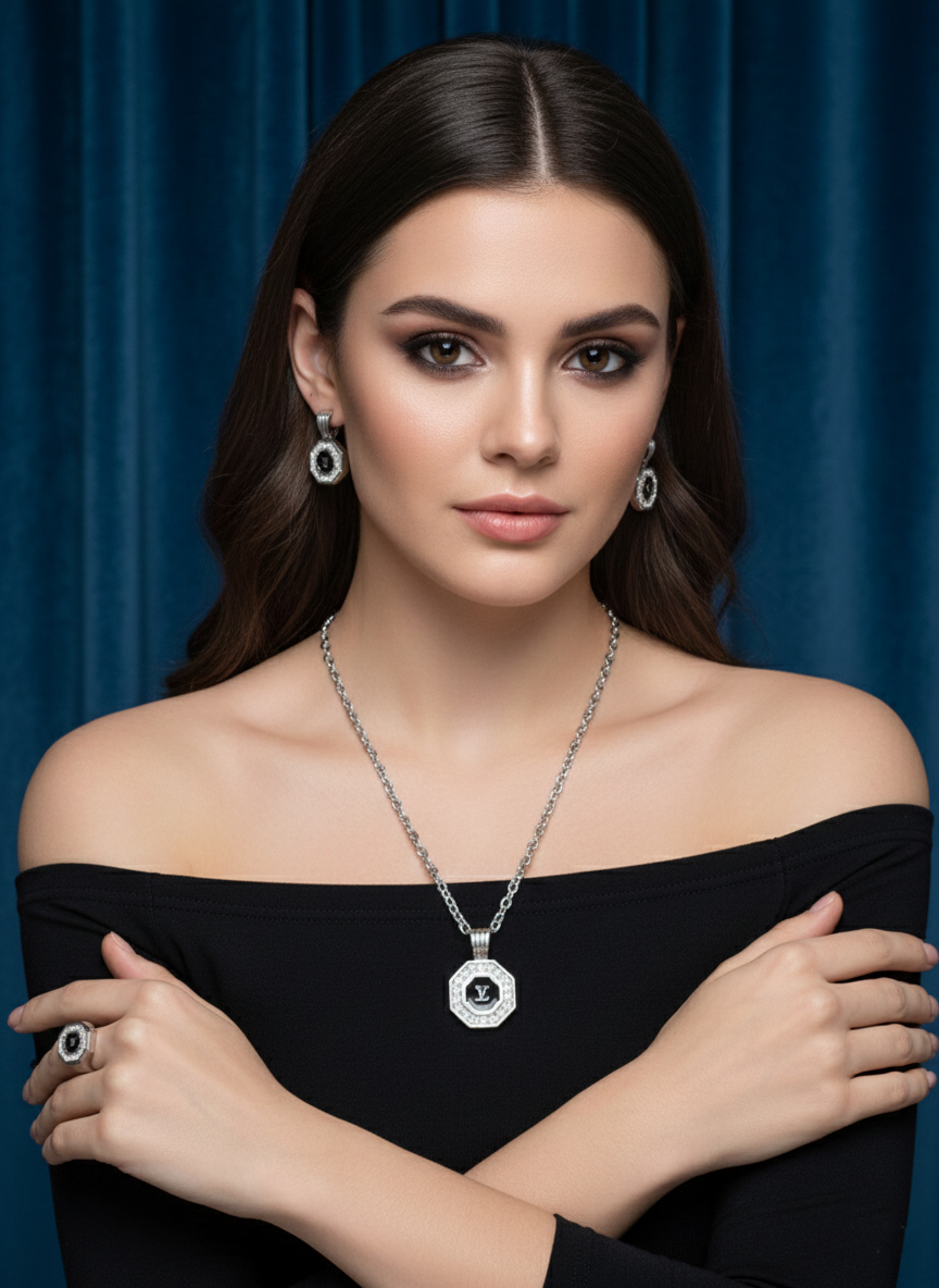 Комплект бижутерии Саманта (серьги+кулон) - Серебряный - миниатюра 2