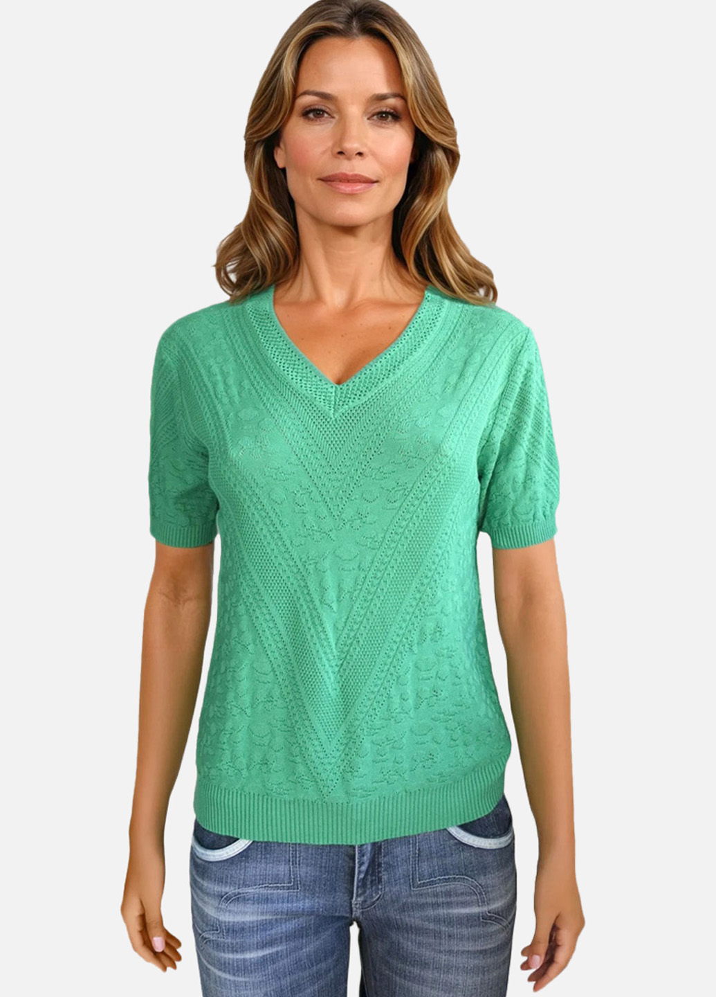 Женская трикотажная футболка с V-образным вырезом - Зеленый - изображение 1