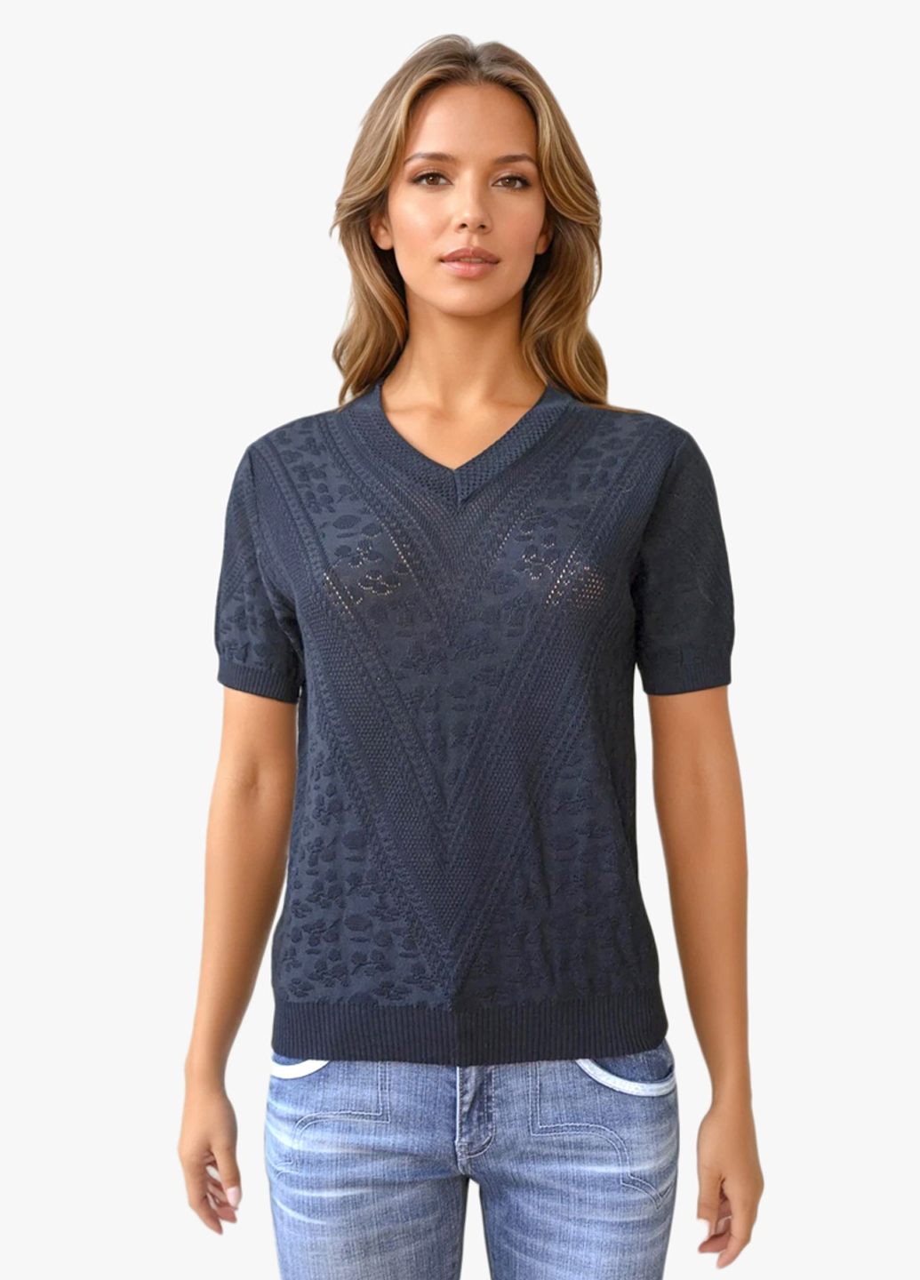 Женская трикотажная футболка с V-образным вырезом - Черный - изображение 1