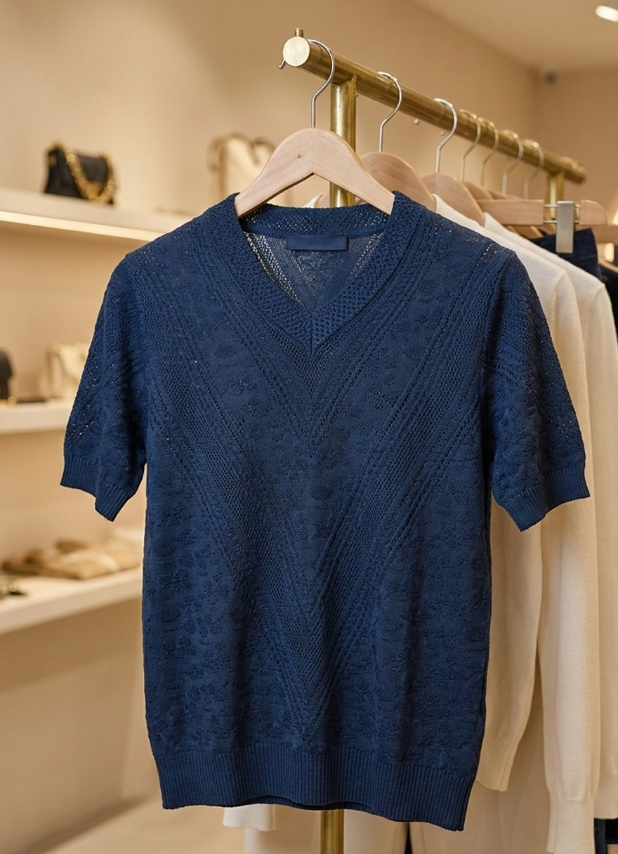 Женская трикотажная футболка с V-образным вырезом - Черный - миниатюра 4