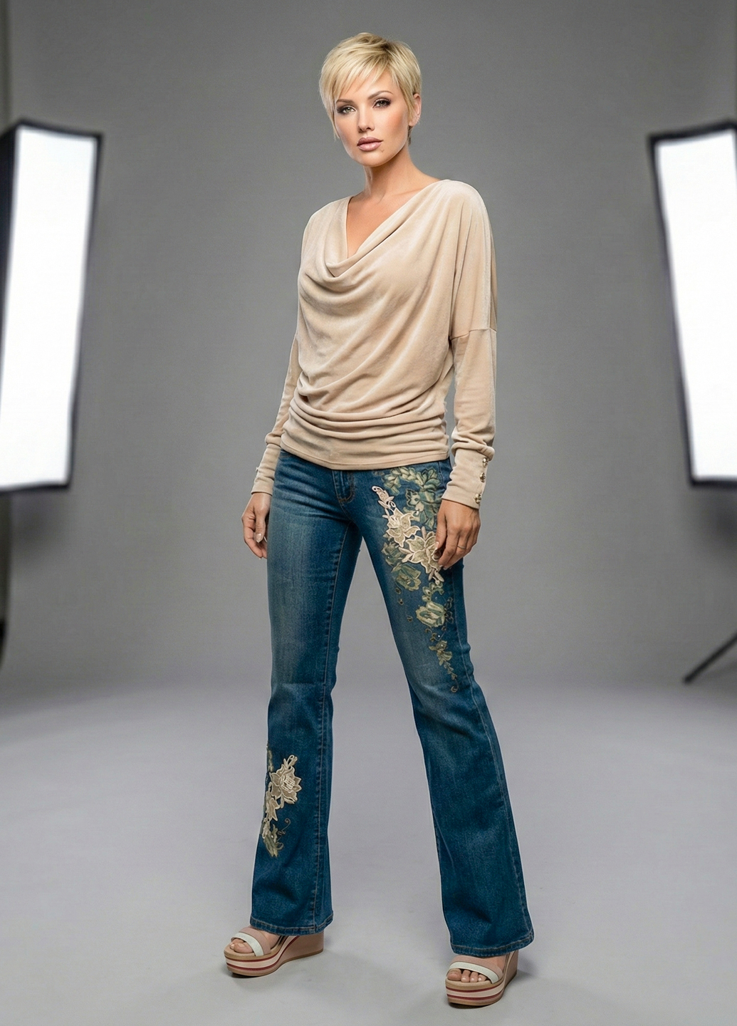 Жіночі вінтажні клешені джинси - Синій - изображение 1